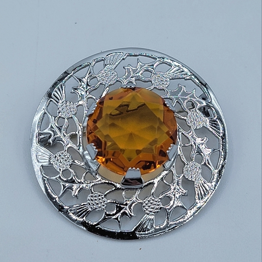 Vintage Mizpah Amber Thistle Brooch Pin Silver Tone Scottish #1899